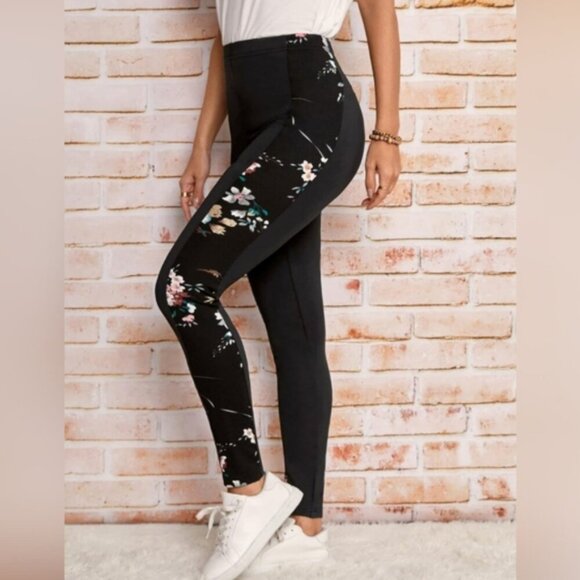 3/$20 Emery Rose High Waist Leggings Floral Spliced Side Striped Contrast Skinny - Picture 3 of 13